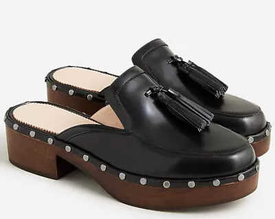 J Crew $228 Dakota Women's Size 8 Solid Black Tassel Clogs Leather Stud Wood • $124.95