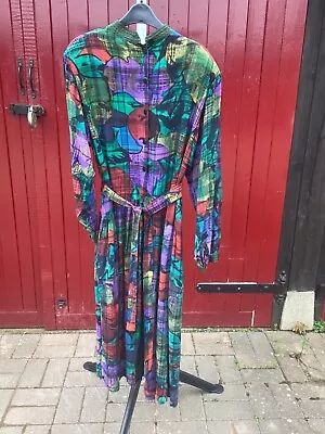 Vintage 1980’s Phool Vibrant Abstract Dress Shoulder Pads Mandarin Collar Size M • £35