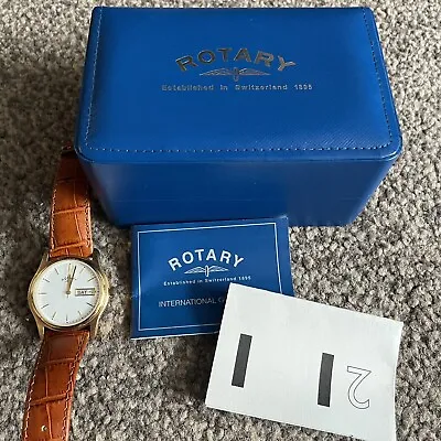 ROTARY MENS VINTAGE WATCH 10578 GOLD STAINLESS STEEL LEATHER DAY DATE Boxed • £62.99