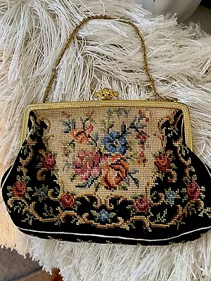Rare Antique Floral Tapestry Needlepoint Petit Point Purse Jeweled Enameled Gold • $25