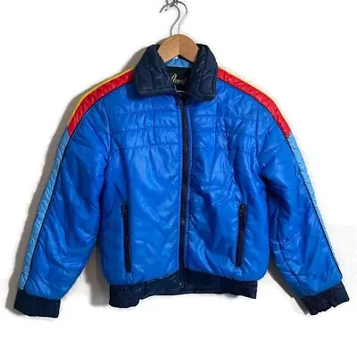 Vtg Women’s 70’s Ski Jacket XS Blue Rainbow Puffer Bomber Full Zip Retro • $49.99