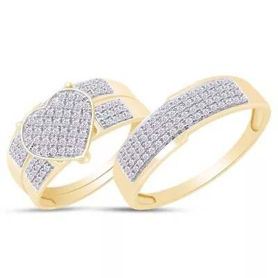 His & Her Wedding Trio Ring Set Simulated Diamond 14k Yellow Gold Plated Silver • $62.47