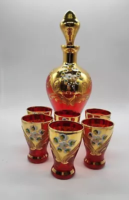 Vintage Bohemian Hand Painted Cranberry Glass Drink Set Decanter & 6 ShotGlasses • £40