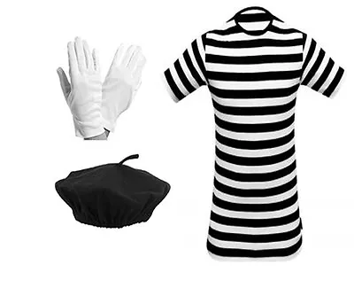 Children's French Mime Artiste T Shirt Beret Hat Gloves Fancy Dress Costume • £9.99