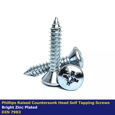 No8 - 4.2mm PHILLIPS RAISED COUNTERSUNK SELF TAPPING SCREWS (AB) ZINC DIN 7983 • £1.39