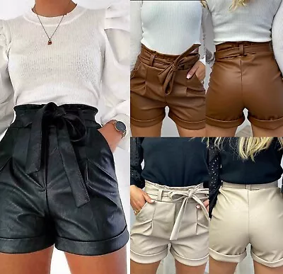 Women's Ladies PU Faux Leather High Waist Tie Up Belted Pockets Paper Bag Shorts • £15.90