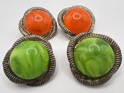 Vintage Art Glass Earrings Set Swirl Uranium Green Orange Clip On Colorful • $50