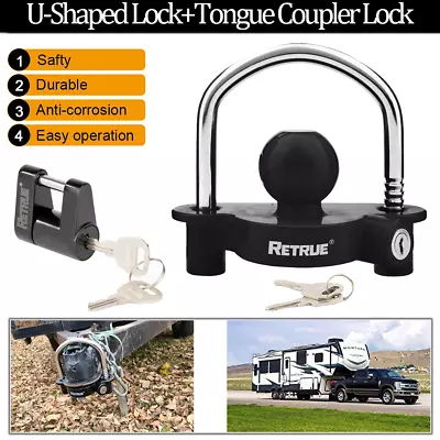 $30.54 • Buy Trailer Hitch Security Lock Set Including Black U-Shaped+Tongue Coupler Lock