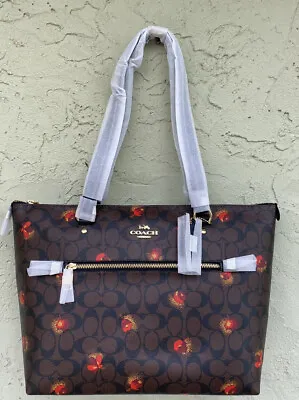 Coach Signature Floral Print Gallery Top Zip Tote Bag C5803 Brown Black Red • $164.99