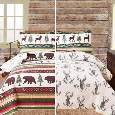 Lodge Reversible Quilt Set Queen Size (90 X 90 Inches) Rustic Cabin Woods Deer  • $42.99