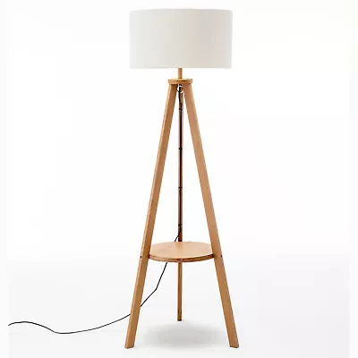 $259 • Buy Natural Wooden Tripod Floor Lamp W/ Round Wood Shelf + Off White Linen Shade