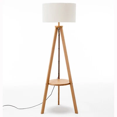 $259 • Buy Natural Wooden Tripod Floor Lamp W/ Round Wood Shelf + Off White Linen Shade