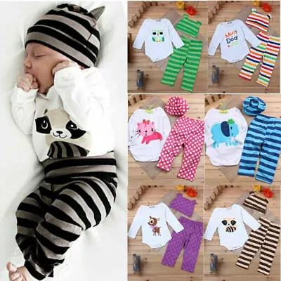 Newborn Baby Boy Girl Long Sleeve Romper Top Pants Hat Kids Clothes Outfit Set ~ • $18.04