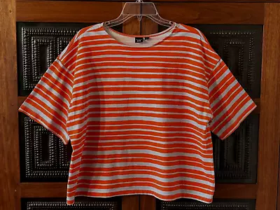 Uniqlo Marimekko Orange & Gray Striped Ss Cotton Top Round Neck Lg Guc • $23.99