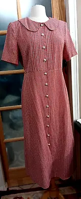 Vintage Gingham Dress Red  Midi Pearl Button Front Tie Back Peter Pan Sz 12 • $41.42
