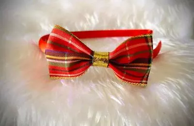 Girls Christmas Hair Bows - Red Tartan Ribbon With Gold Detail (Handmade) • £1.99