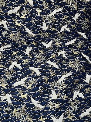 1 Mtr Navy Blue Crane Bird Japanese Print 100% Cotton Fabric..58” Wide • £16