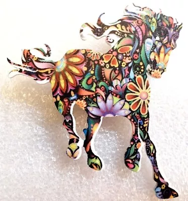 Horse Mustang Running Multicolor Floral Flat Acrylic Pin Brooch Jewelry • $10.99