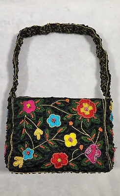 Vintage Beaded And Embroidered Small Black Purse 6 1/2  X 5  Magnetic Snap • $15