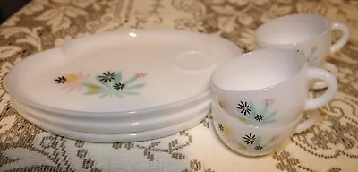 Mid Century Modern Atomic Flower Federal Milk Glass Tea Cup Snack Plates Set • $36.95