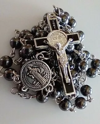 Catholic Hematite Rosary Black Enamel St Benedict Men Women  • $14.95