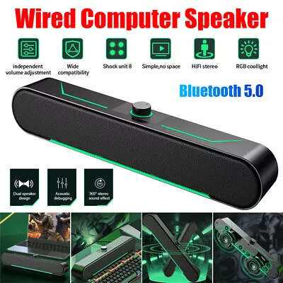 Wired Bluetooth 5.0 Computer RGB Speaker HiFi Stereo PC Speakers Laptop Soundbar • $26.75