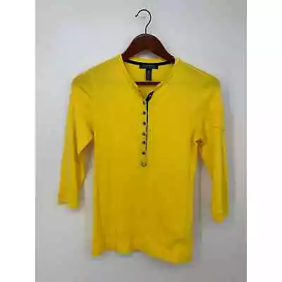 Lauren Ralph Lauren Womens S Yellow Blue 3/4 Sleeve Henley Top Nautical Buttons • $12.75