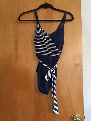 Women's Amoena One Piece Swimsuit Size 10B Navy White Stripes Belted • $14.99