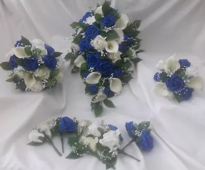 Wedding Bouquet Royal Blue Pearl Bride Bridesmaid Flowergirl Buttonholes  • £2.25