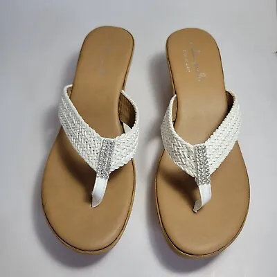 Women’s Mila Paoli Wedge Woven Sandals Shoes Rhinestones White  Size 8 • $18
