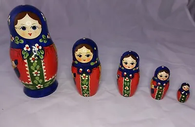 Vintage Russian Matryoshka Nesting Dolls 5 Pieces Red Floral Blue Collectibles • £9.99