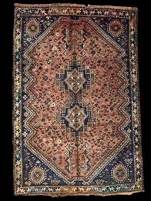 All Hand Spun Wool Qashqai Handmade Shira Z  Tribal Rose Blue Faded Rug 5x8 Rug • $849