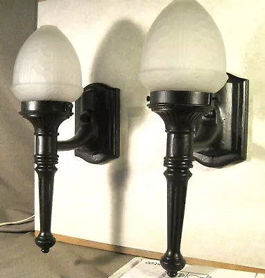 Porch Lights Pair (2) Wall Sconces Antique Matching Ornate Globes Restored • $329.95