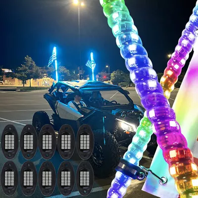 Pair 4FT Spiral RGB LED Whip Lights + 10 Pods Rock Light For UTV ATV RZR Can-am • $159.17