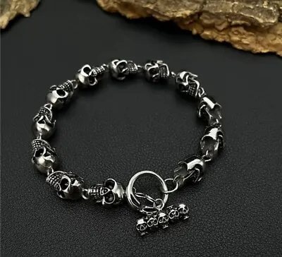 Men's Silver Skull Stainless Steel Gothic Punk Biker Chain Bracelet • $10.99