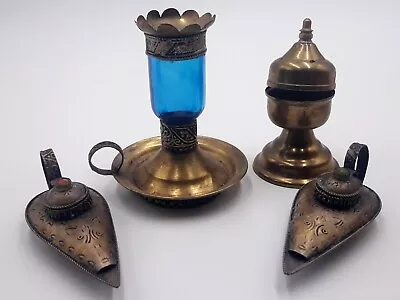 Vintage Pure Brass Pooja Puja Oil Diya Lamp Candle Tea Light Set : Hindu Décor • $70