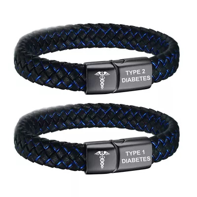 Braided Leather Medical Alert Men Bracelet Surfer Cuff Bangle DIABETES TYPE 1 2 • $12.99