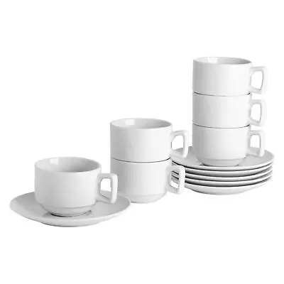 Stacking Cups And Saucers White Tea Coffee Cup Saucer Dining Set 200ml (7oz) X6 • £21