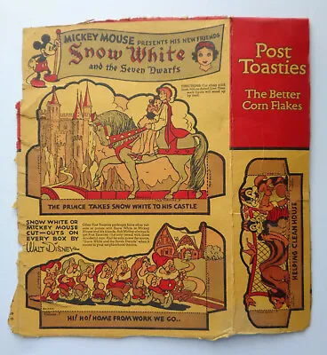 POST TOASTIES 1938 Cearal Box MICKEY MOUSE Presents Disney SNOW WHITE & 7 DWARFS • $85