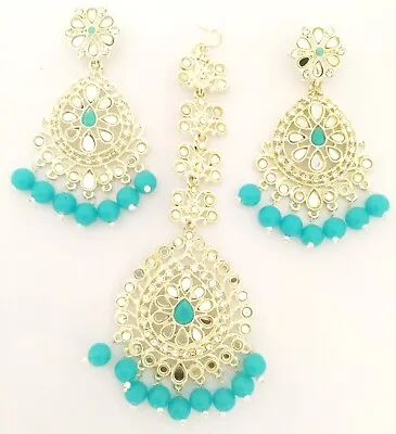 New Blue Bridal Maang Tikka Earring Set Pearl Kundan Gold Tone Indian CZ Jewelry • $12.38