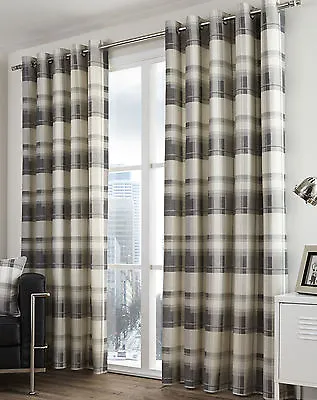 Eyelet Ring Top Lined Curtains Balmoral Check Slate Grey • £19.99