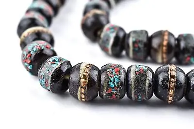 Black Speckled Inlaid Yak Bone Mala Beads 8mm Nepal Multicolor Round Large Hole • $22.50