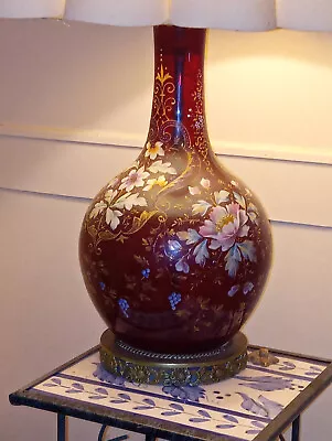 Ludwig Moser 1890 Ruby Glass Lamp Gold Paint Flowers Bohemian Art Nouveau Czech • $1963