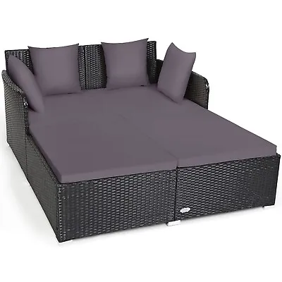 Rattan Garden Daybed Furniture Set Patio Sun Bed 2 Seater Lounger With Cushions • £199.95