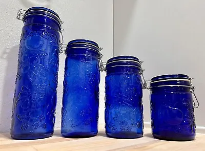 Vintage Cobalt Blue Glass Canister Gradual Sized 4 Pc Set Wire Bale Fruit Theme • $49.98