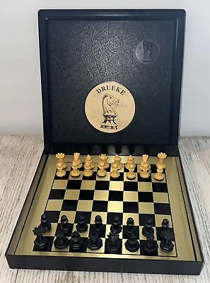 Vintage DRUEKE Magnetic Chess Board Game Travel Set Black Hard Case RARE • $64.99