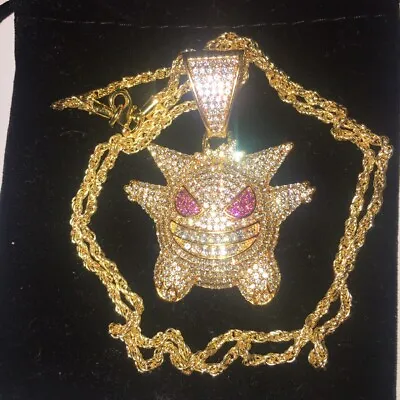 £13.99 • Buy Gengar Pokemon Pendant Necklace Gold Chain Shiny Diamond Icy Rapper Jewellery 
