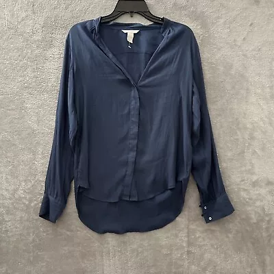 H&M Semi Sheer Button Up Top Womans 6 Solid Navy Long Sleeve V Neck • $4.49