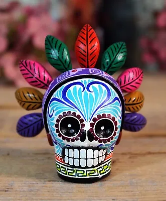 Aztec Warrior Sugar Skull Small Day Of The Dead Puebla Handmade Mexico Folk Art • $34