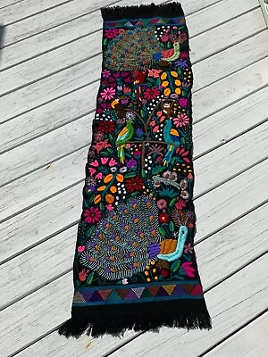 Pavos Reales Peacock Mexican Embroidered Table Runner Chiapas 60x16 Black 1806 • $79